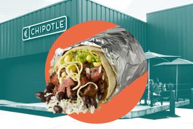 A Chipotle steak burrito in a photo composite over a Chipotle restaurant. 