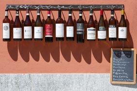 Piedmont wine bottles collection in front of winery in a sunny summer day.