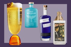 A French 75, a bottle of Gray Whale gin, Emporess 1908 gin, and Hat trick gin.