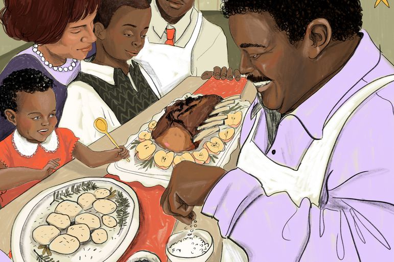 An illustration of Patrick Clark at Christmas dinner