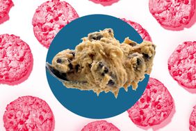 A spoonful of cookie dough in a photo composite over baked cookies.