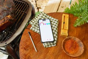 The Meater Plus Smart Meat Thermometer with Bluetooth displayed on a table next to a phone, a striped towel, and a plant