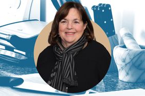 A headshot of Ina Garten with kitchen equipment in the background