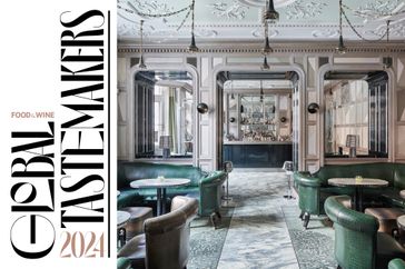 A split image of the inside of a restaurant and a design text for Global Tastemakers