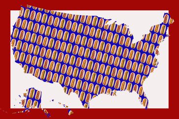 A map of the United States, tiled with hot dogs. 