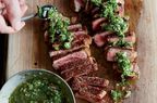 Grilled Strip Steaks with Green Bean Chimichurri