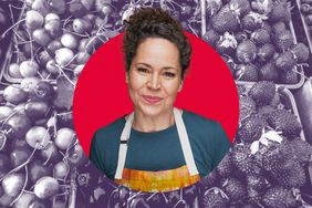 Chef Stephanie Izard in a photo composite with berries. 