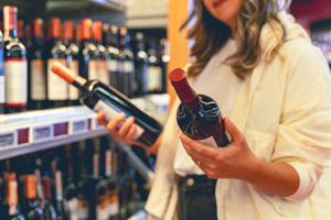 A person shops for wine in a store and checks out labels