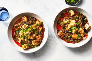 Overhead view of two bowls filled with Vegan Mapo Tofu