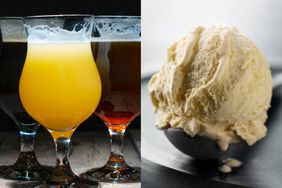 Beers and a scoop of ice cream in a side-by-side photo composite. 