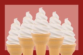 Multiple soft serve cones in a red background.