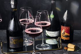 Bottles and glasses of Lambrusco.